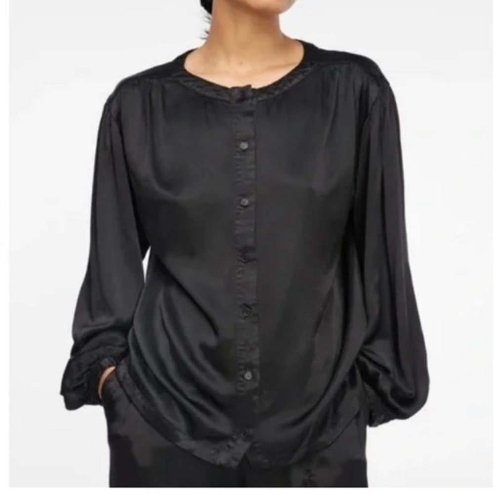 LACAUSA Devi Black Satin Button Front Blouse, Size Medium